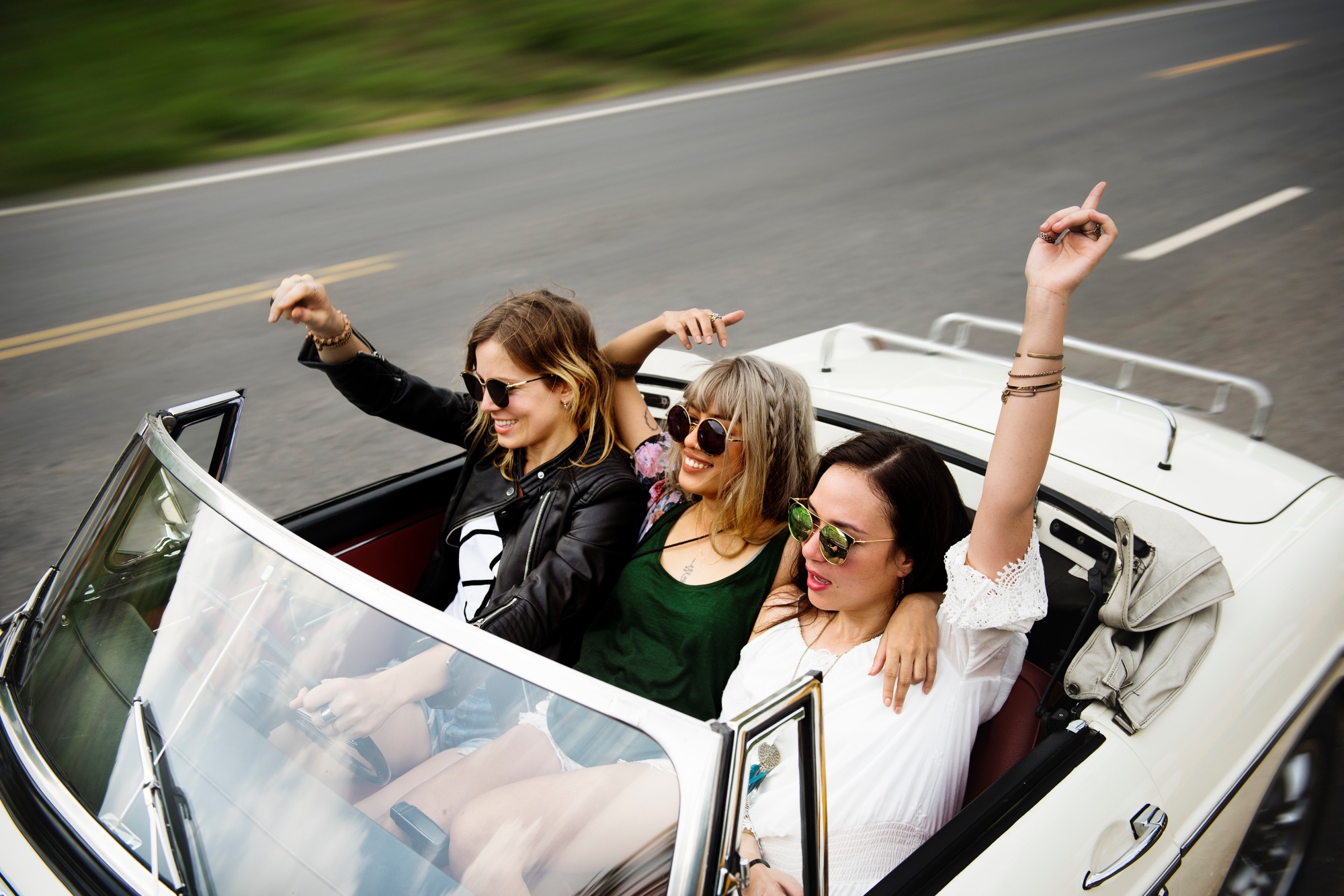 Group of Diverse Friends Travel on Road Trip Together