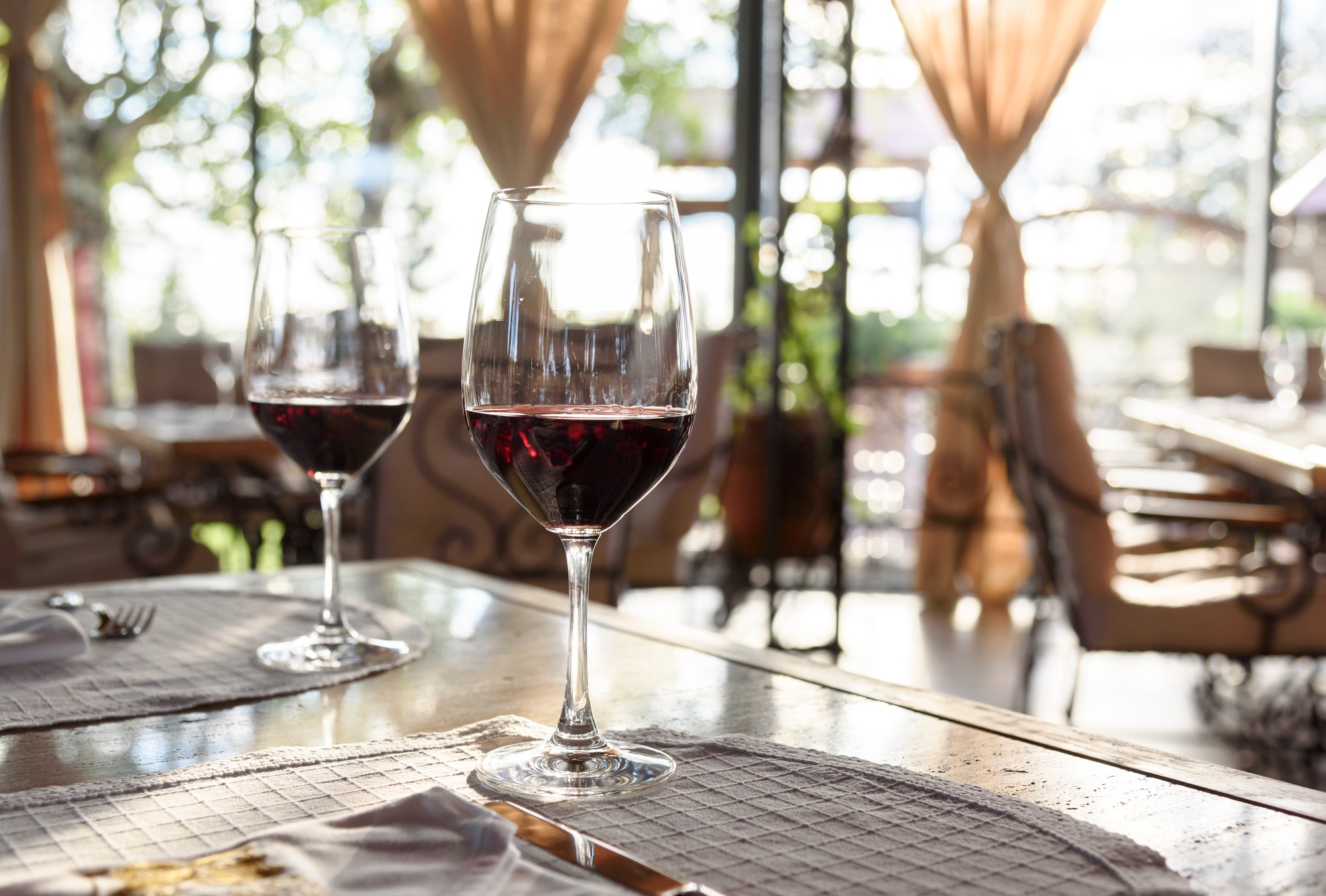 Wine glasses on restaurant table