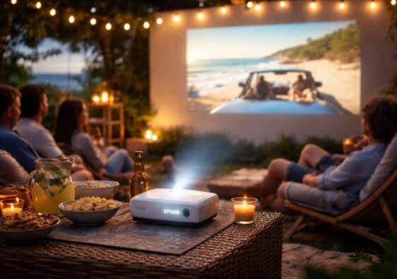 en vacances, profitez d'une expérience cinéma unique avec le mini vidéoprojecteur epson qui transforme n'importe quel mur en écran géant.