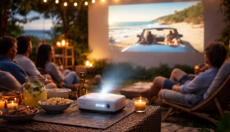 en vacances, profitez d'une expérience cinéma unique avec le mini vidéoprojecteur epson qui transforme n'importe quel mur en écran géant.