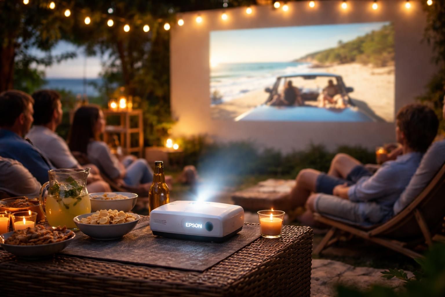 en vacances, profitez d'une expérience cinéma unique avec le mini vidéoprojecteur epson qui transforme n'importe quel mur en écran géant.