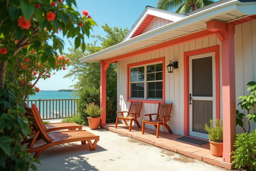 Bungalow pastel avec patio privé et végétation tropicale typique du Coral Lagoon Resort à Marathon dans les Keys de Floride