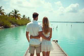Couple en tenue décontractée sur un ponton en bois face au lagon turquoise du Coral Lagoon Resort à Marathon en Floride