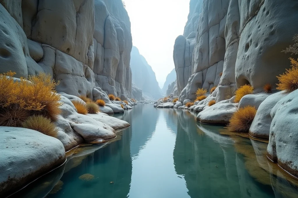 Intérieur sauvage du canyon de Gorropu en automne avec reflets d'eau et parois calcaires monumentales