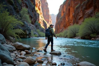 Randonneur traversant le canyon de Gorropu au printemps avec des parois calcaires imposantes et de l'eau cristalline