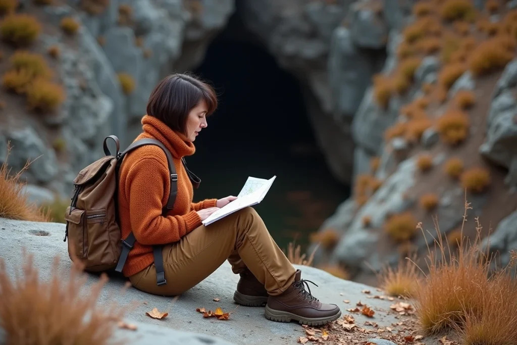 Femme randonneuse lisant une carte à l'entrée du canyon de Gorropu en automne avec un feuillage doré