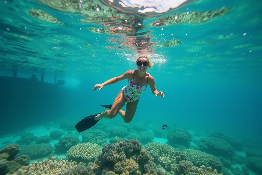 Femme faisant de la plongée en apnée au-dessus d'un récif corallien dans les eaux cristallines de Marathon en Floride près du Coral Lagoon Resort