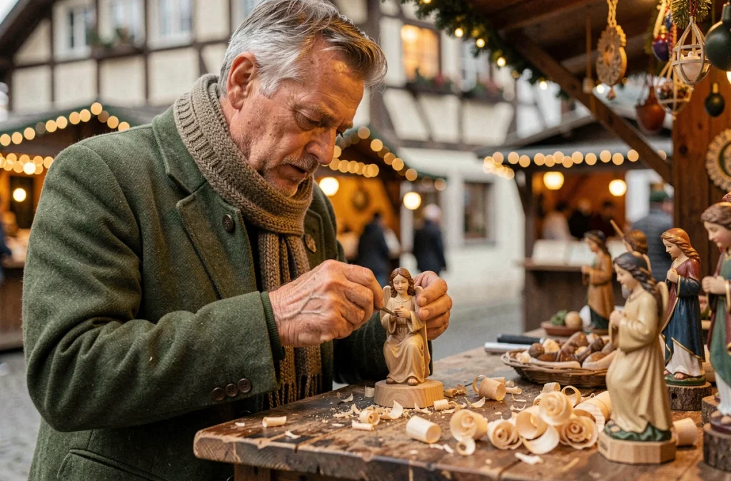 Artisan bavarois sculptant une figurine en bois pour le marché de Noël d'Oberammergau, vêtu d'une veste traditionnelle verte loden, entouré de décorations artisanales