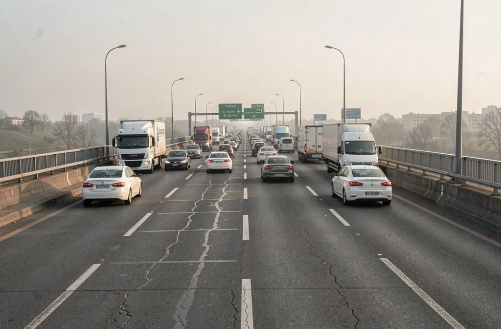 Vue aérienne d'une autoroute avec embouteillages illustrant le calcul d'itinéraire pour éviter les bouchons