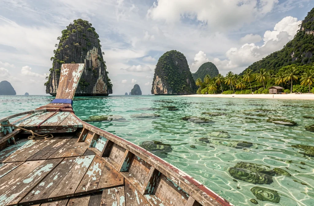 Vue depuis un bateau longtail sur les eaux turquoise et les falaises calcaires d'une île thaïlandaise