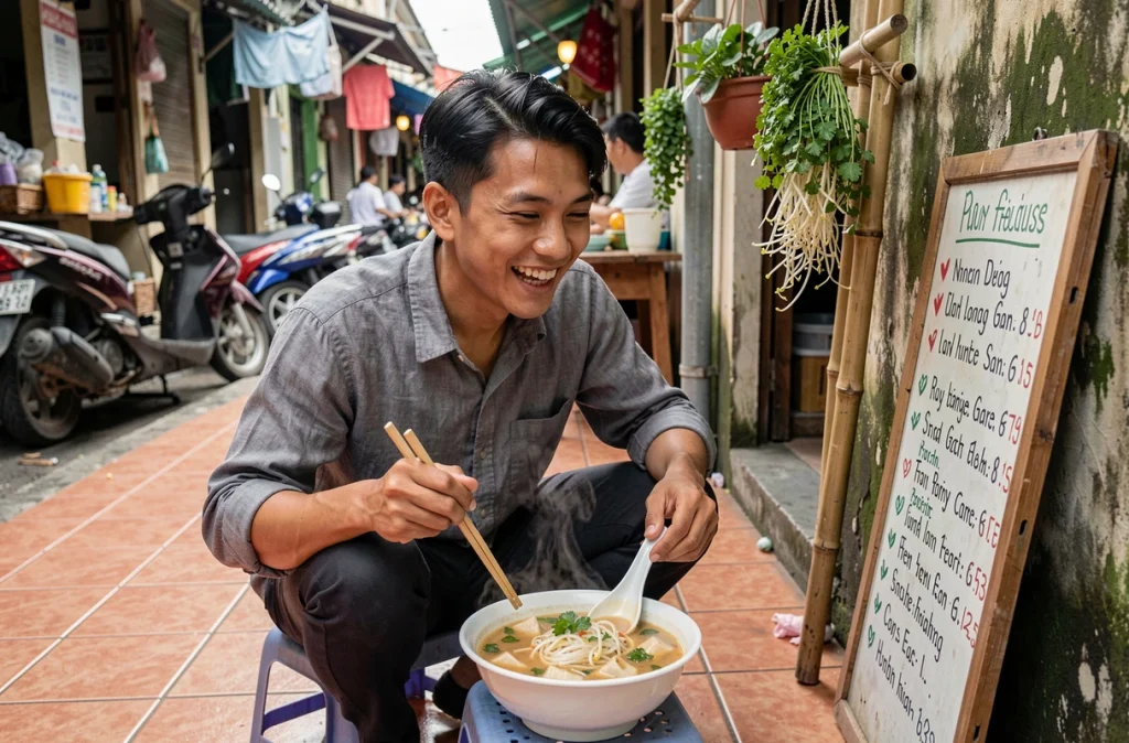 Jeune homme savourant un bol de kuy teav dans une ruelle de street food à Siem Reap, Cambodge