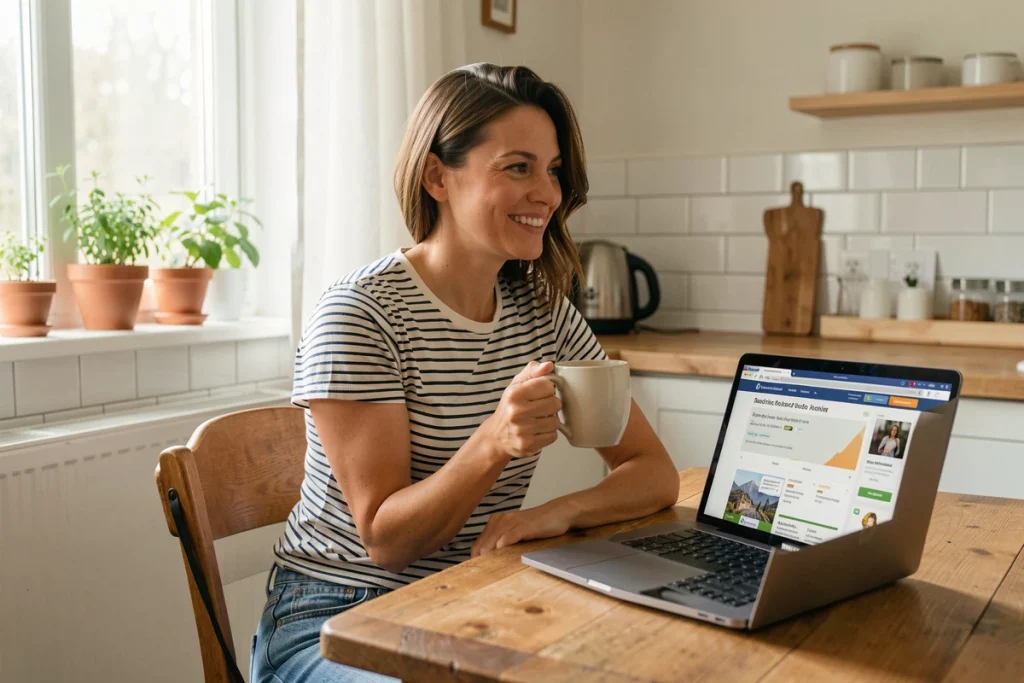 Femme comparant des offres de vacances en famille sur un site de voyage depuis son domicile