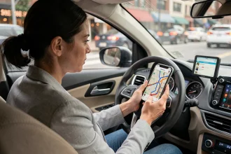 Conductrice consultant un itinéraire ViaMichelin sur smartphone monté dans une voiture avec trafic visible en arrière-plan