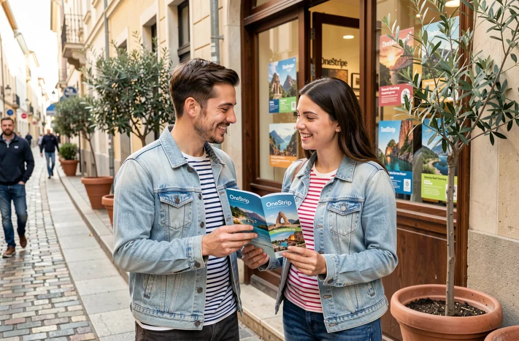 Couple souriant devant une agence de voyage tenant une brochure OneStrip, prêts à organiser leur premier départ avec Aguila voyage