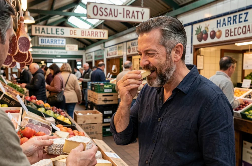 Homme dégustant du fromage Ossau-Iraty auprès d'un producteur dans les Halles de Biarritz