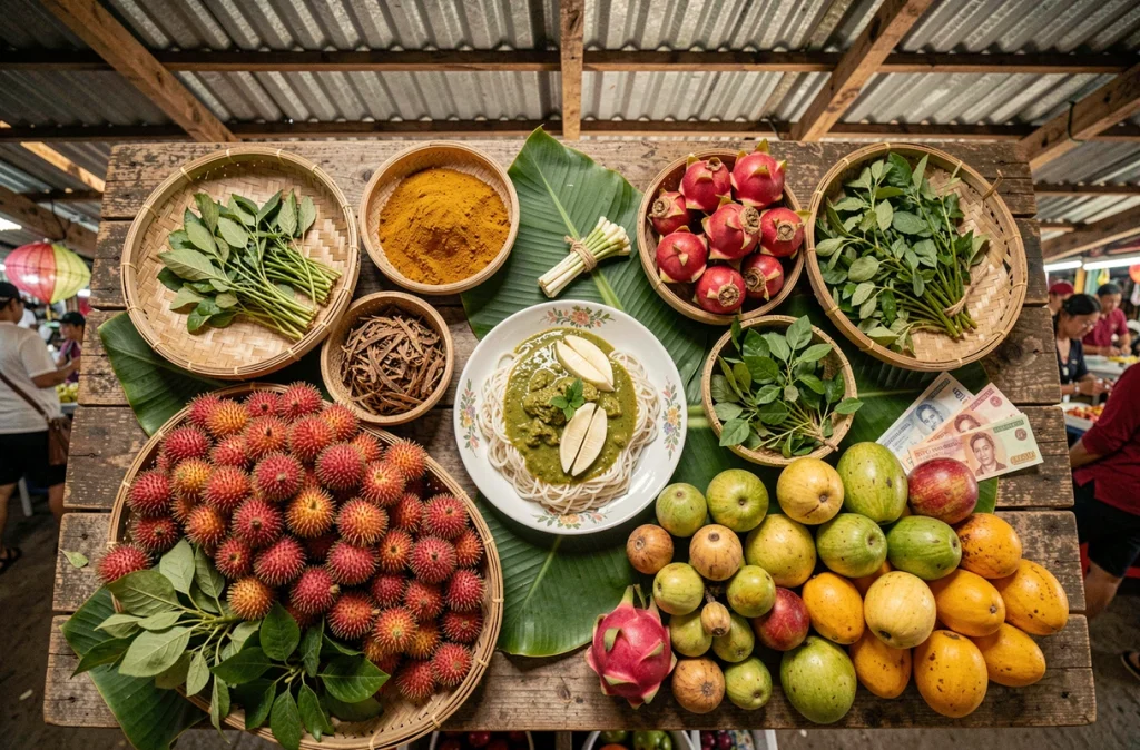 Vue en plongée d'un étal de marché cambodgien avec fruits tropicaux, épices et nouilles nom banh chok