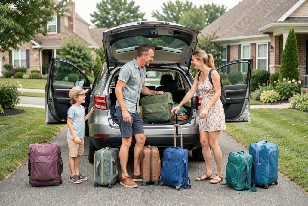 Famille en train de charger les valises dans le coffre d'une voiture pour partir en vacances ensemble