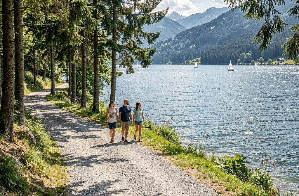 Famille en balade sur le sentier du bord du lac de Gérardmer en été avec voiliers sur l'eau