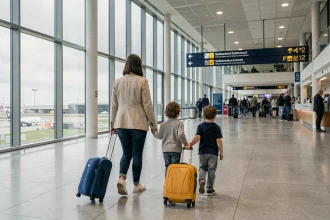 Famille avec enfants et bagages marchant dans le terminal de l'aéroport de Londres Gatwick