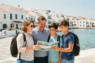 Famille heureuse en vacances au bord de la mer consultant une brochure de voyage Leclerc voyages