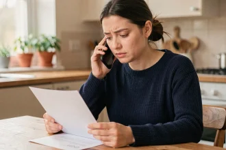 Femme en train d'appeler le service client BlaBlaCar depuis chez elle avec un smartphone et un document de réclamation