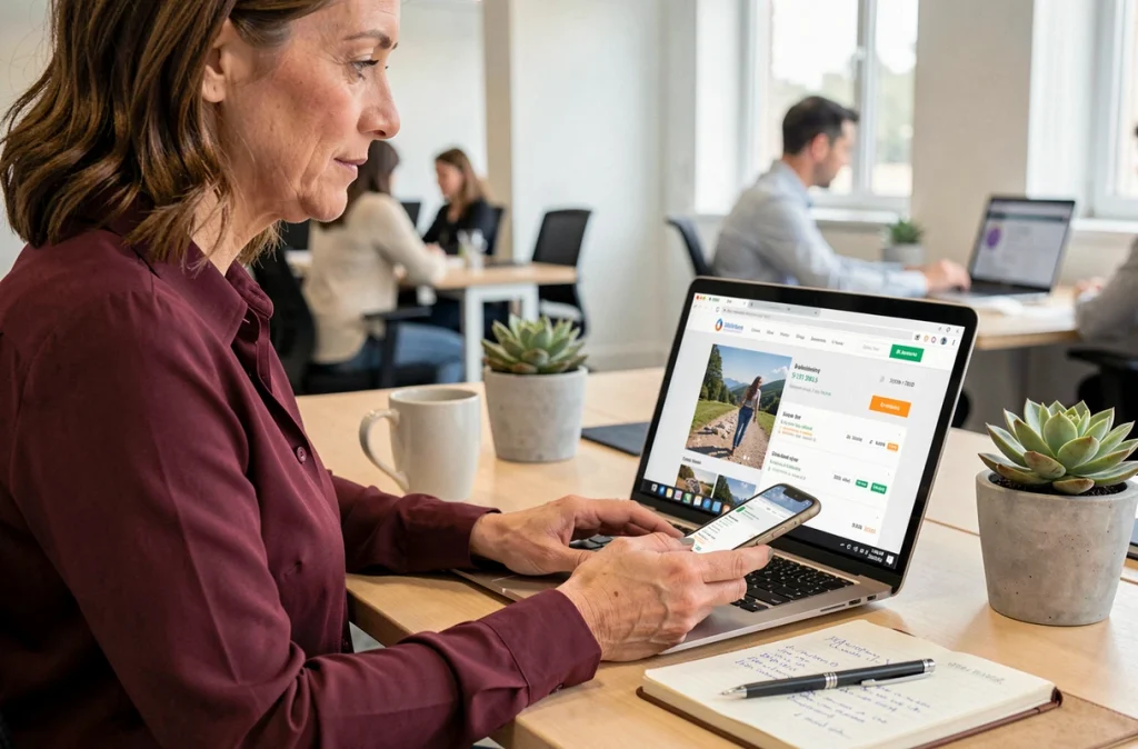 Femme au bureau notant les informations du service client BlaBlaCar lors d'une réclamation par téléphone