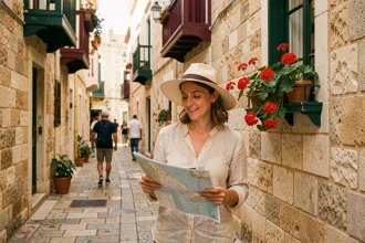 Femme se promenant sereinement dans une ruelle en pierre de La Valette, Malte, carte à la main, balcons maltais traditionnels en arrière-plan