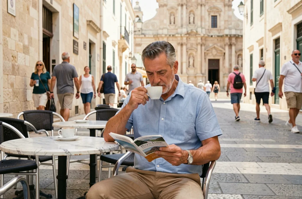 Homme d'âge mûr dégustant un espresso en terrasse sur la rue de la République à La Valette, Malte, dans une ambiance détendue et sécurisante