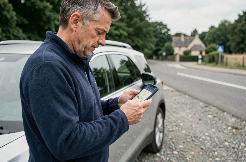 Homme consultant une application de navigation sur smartphone à côté de son SUV sur une aire de repos en France