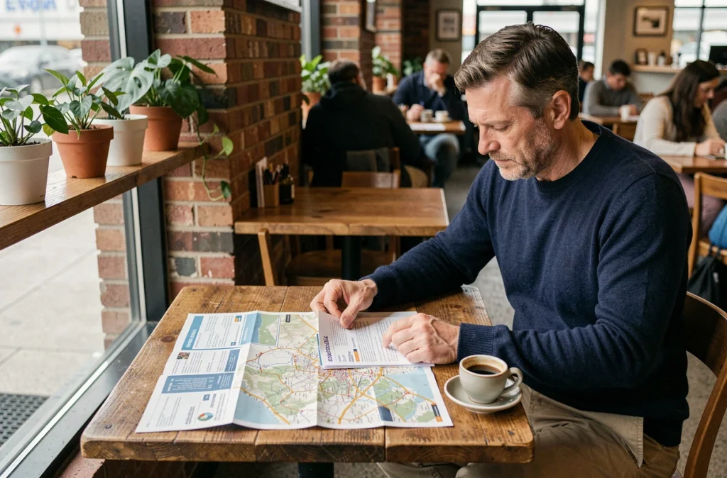 Homme préparant son itinéraire de voyage OneStrip dans un café, consultant des documents et une carte pour organiser son premier départ