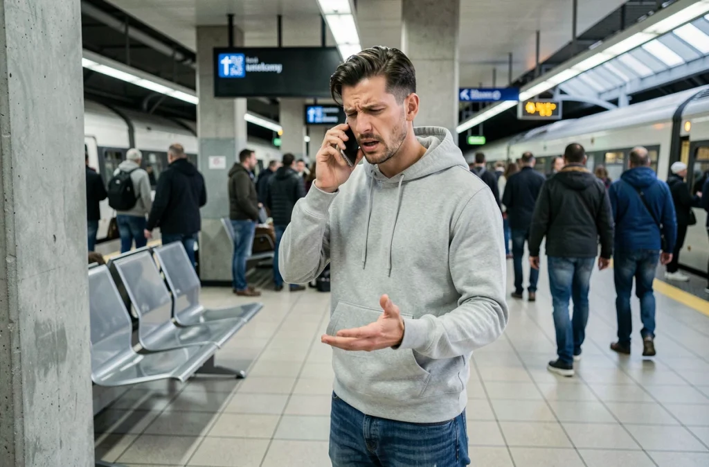 Homme contactant le service client BlaBlaCar par téléphone dans une gare suite à un problème de trajet