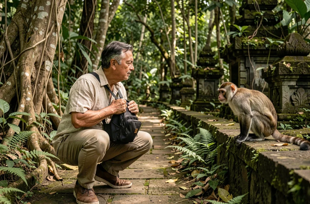 Touriste tenant son sac photo face à un macaque dans le Sacred Monkey Forest d'Ubud, illustrant les règles de comportement avec les singes