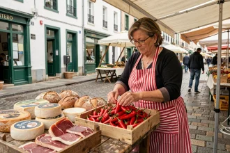 Femme basque arrangeant des piments d'Espelette et des produits régionaux sur un étal de marché à Saint-Jean-de-Luz