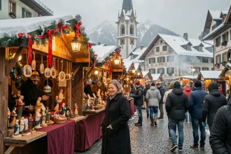 Marché de Noël traditionnel sur la place du village d'Oberammergau en Bavière, avec des chalets en bois décorés de guirlandes de sapin et des façades peintes enneigées