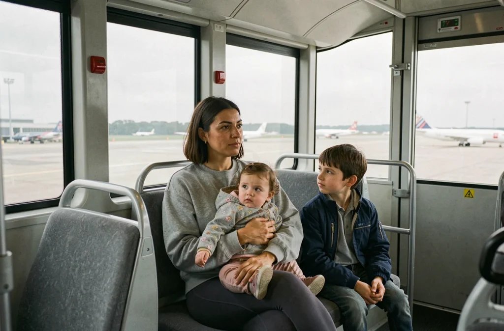 Mère avec ses enfants dans la navette de transfert de l'aéroport de Gatwick