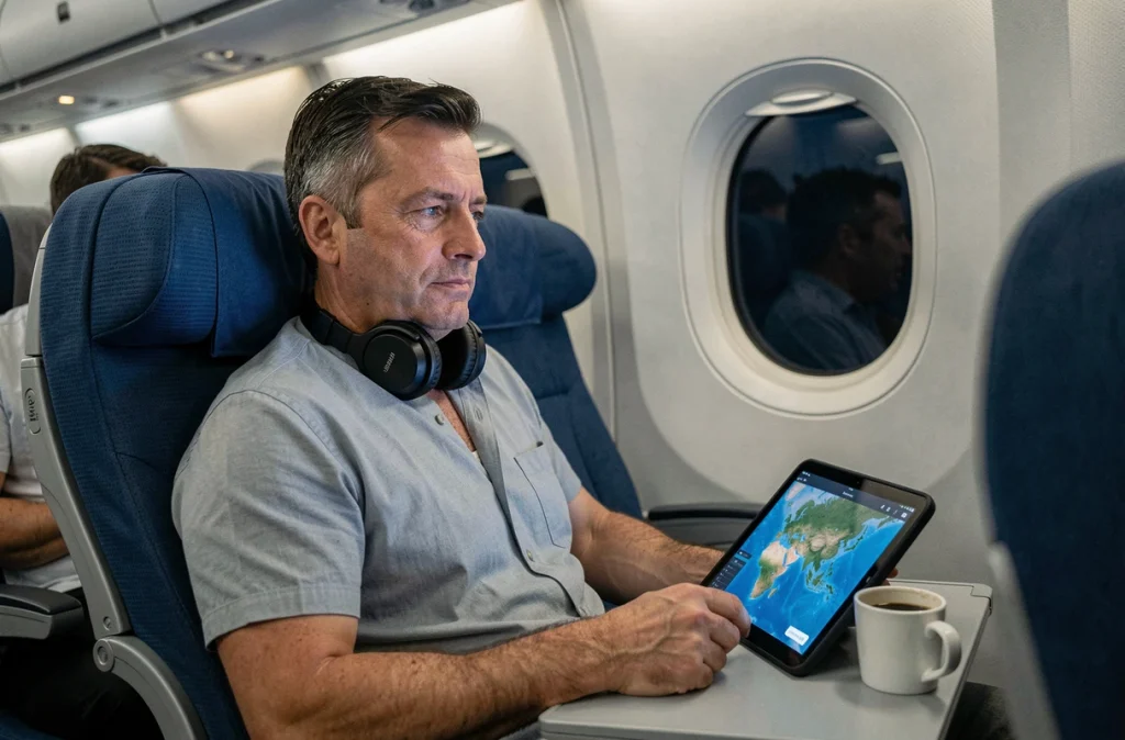Passager en vol long-courrier vers la Thaïlande consultant une carte des îles sur sa tablette en cabine économique