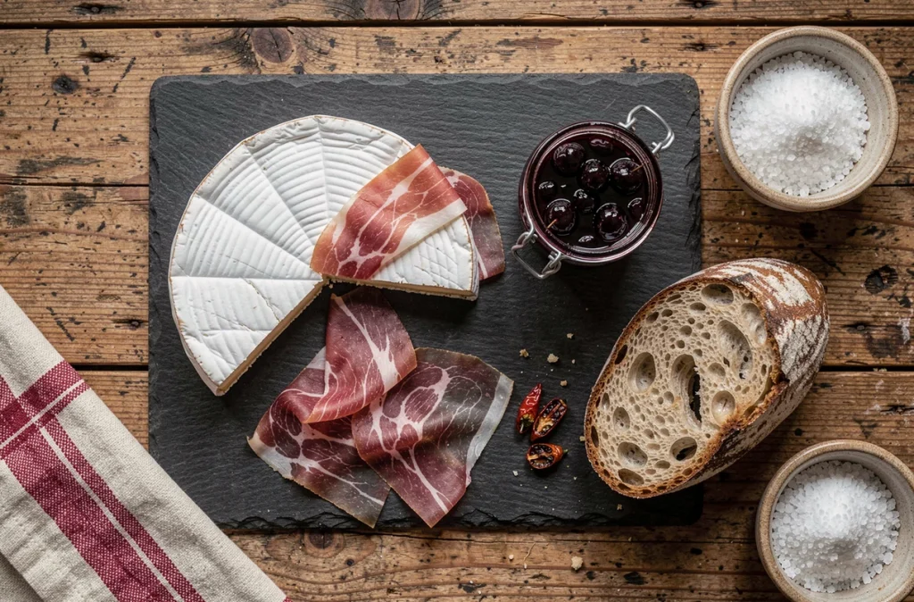 Vue de dessus d'un plateau de spécialités basques avec fromage Ossau-Iraty, jambon de Bayonne et confiture de cerises noires d'Itxassou