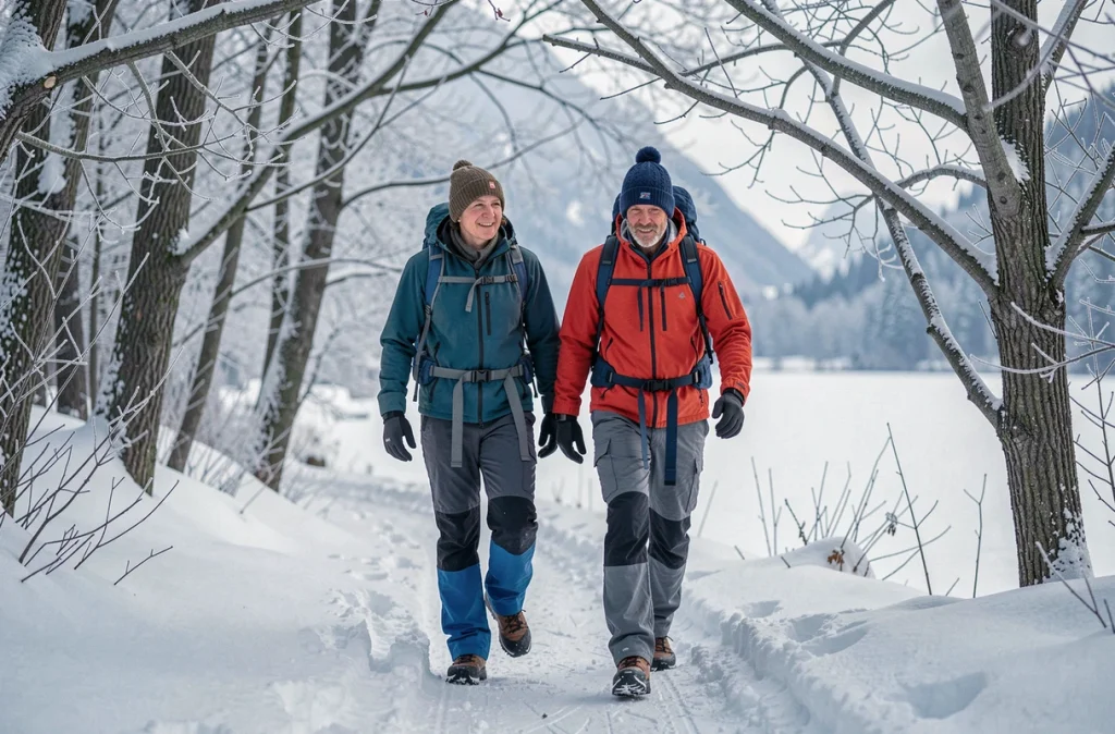Couple de randonneurs sur le sentier enneigé du tour du lac de Gérardmer en hiver