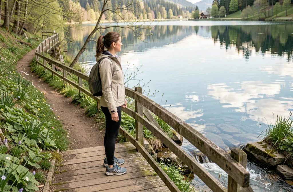 Femme randonneuse sur un pont en bois du sentier du lac de Gérardmer au printemps