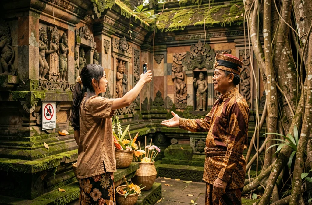 Guide du Sacred Monkey Forest rappelant à une visiteuse les règles de photographie près d'un sanctuaire balinais sacré à Ubud