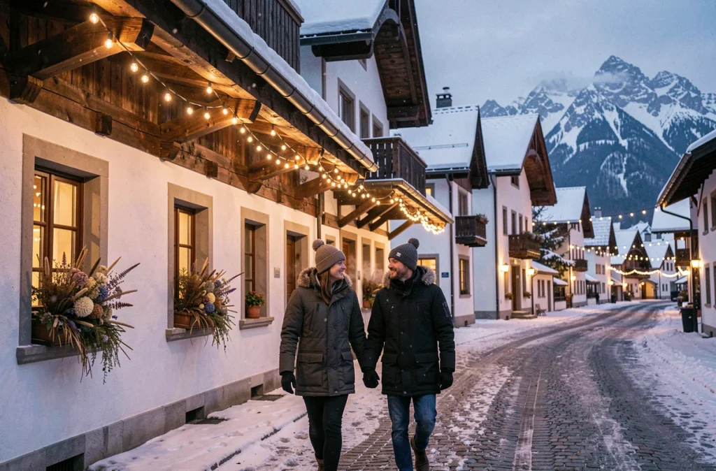 Rue enneigée d'Oberammergau en soirée de Noël, avec les maisons aux façades peintes typiques bavaroises illuminées par des guirlandes lumineuses et un couple se promenant sous la neige