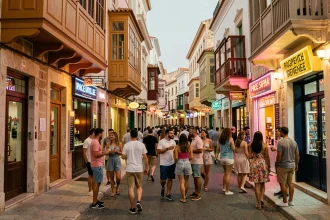 Rue animée de Paceville à Malte avec des bars et des groupes de jeunes adultes en soirée