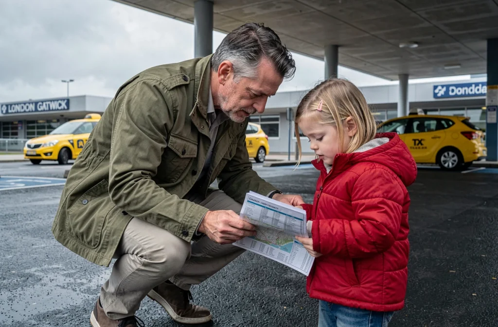 Père et fille consultant un plan devant les taxis de l'aéroport de Gatwick