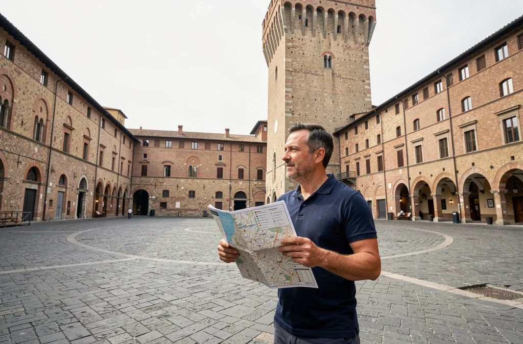 Touriste masculin consultant une carte de Sienne devant la Torre del Mangia sur la Piazza del Campo