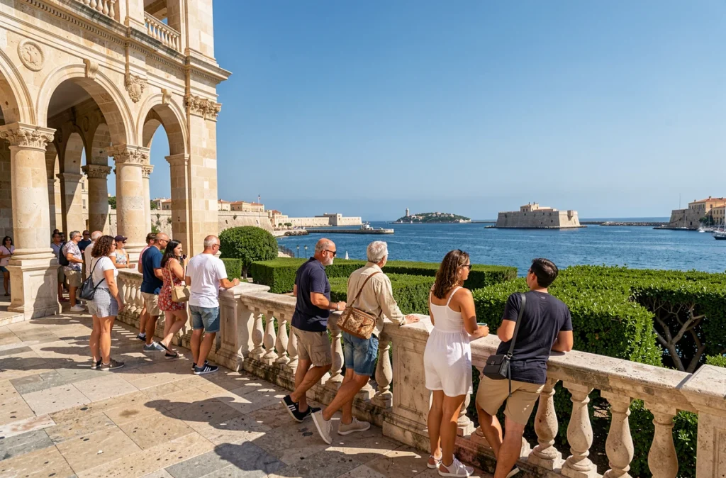 Touristes se relaxant aux jardins Barrakka supérieurs de La Valette avec vue panoramique sur le Grand Port de Malte