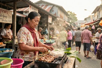 Vendeuse cambodgienne préparant des brochettes grillées et du riz gluant sur un marché de rue à Phnom Penh