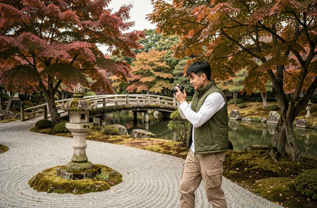 Voyageur solo se promenant dans un jardin japonais traditionnel de Tokyo photographiant une lanterne en pierre entourée de feuillage automnal