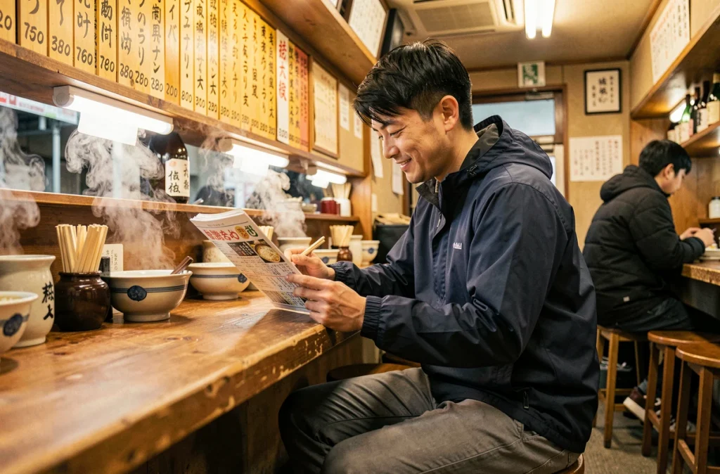 Voyageur solo dans un petit restaurant ramen de Tokyo lisant un menu en japonais avec curiosité