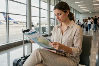 Voyageuse française à l'aéroport Charles de Gaulle consultant une carte de la Thaïlande avant son vol pour les îles