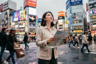 Voyageuse solo occidentale à Shibuya Crossing Tokyo consultant une carte papier entourée de néons et de foule japonaise